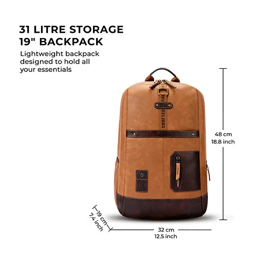 VIPUL VIBE Classic 6 18"/31L Antitheft Large Faux Leather Water Resistant Laptop backpack/Laptop backpack/Casual Backpack/Daypack/Travel Backpack/College Bag For Men/Women(Tan-Brown)