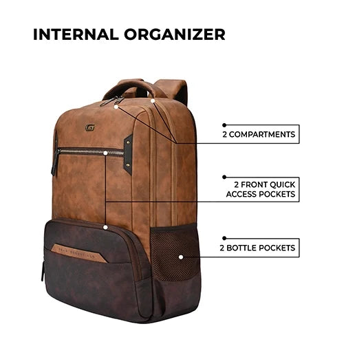 VIPUL VIBE Quantum 3 18"/29L Antitheft Large Faux Leather Water Resistant Laptop backpack with Raincover/Laptop backpack/Casual Backpack/Daypack/Travel Backpack/College Bag For Men/Women(Tan-Brown)