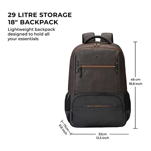 Gear Quantum 3 18"/29L Antitheft Large Faux Leather Water Resistant Laptop backpack with Raincover/Laptop backpack/Casual Backpack/Daypack/Travel Backpack/College Bag For Men/Women(Brown-Black)