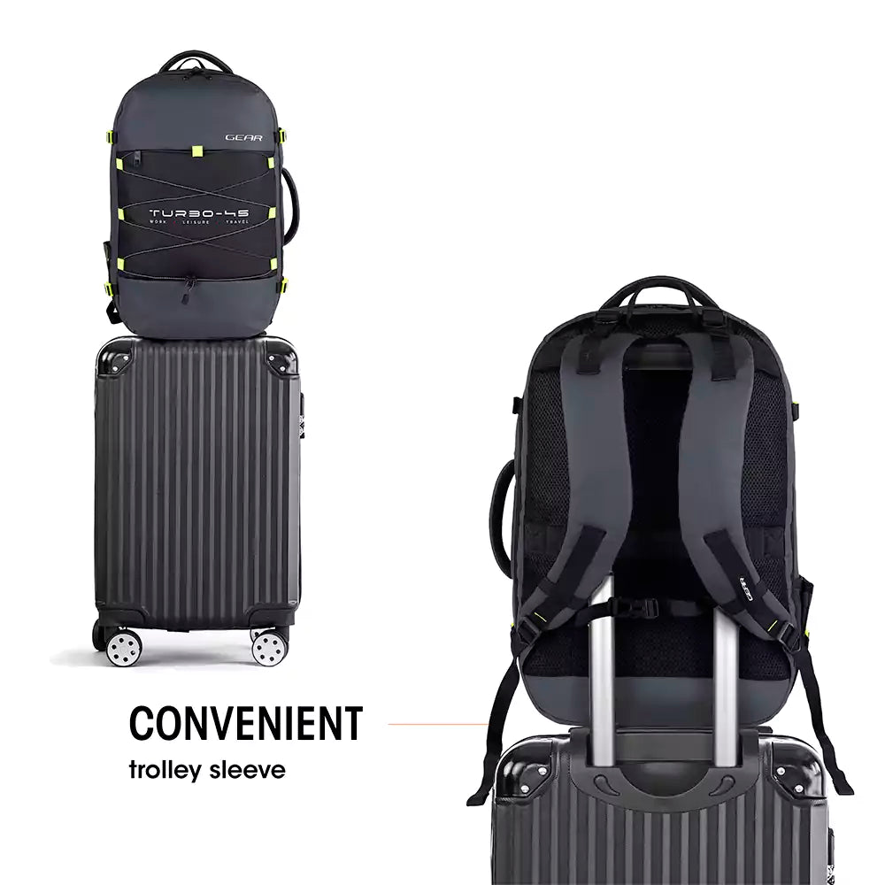 Gear Turbo 21"/45L Large Water Resistant Anti theft Laptop Backpack with Raincover | Backpack | Daypack |Briefcase | Travel Bag For Men/Women (Black - Grey)