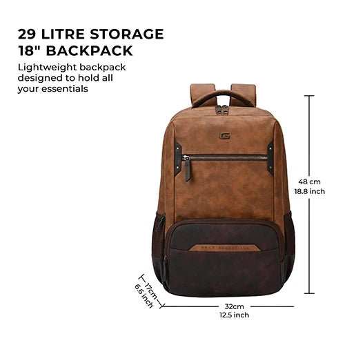 VIPUL VIBE Quantum 3 18"/29L Antitheft Large Faux Leather Water Resistant Laptop backpack with Raincover/Laptop backpack/Casual Backpack/Daypack/Travel Backpack/College Bag For Men/Women(Tan-Brown)