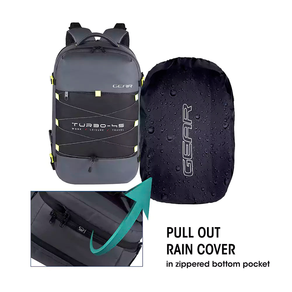 Gear Turbo 21"/45L Large Water Resistant Anti theft Laptop Backpack with Raincover | Backpack | Daypack |Briefcase | Travel Bag For Men/Women (Black - Grey)