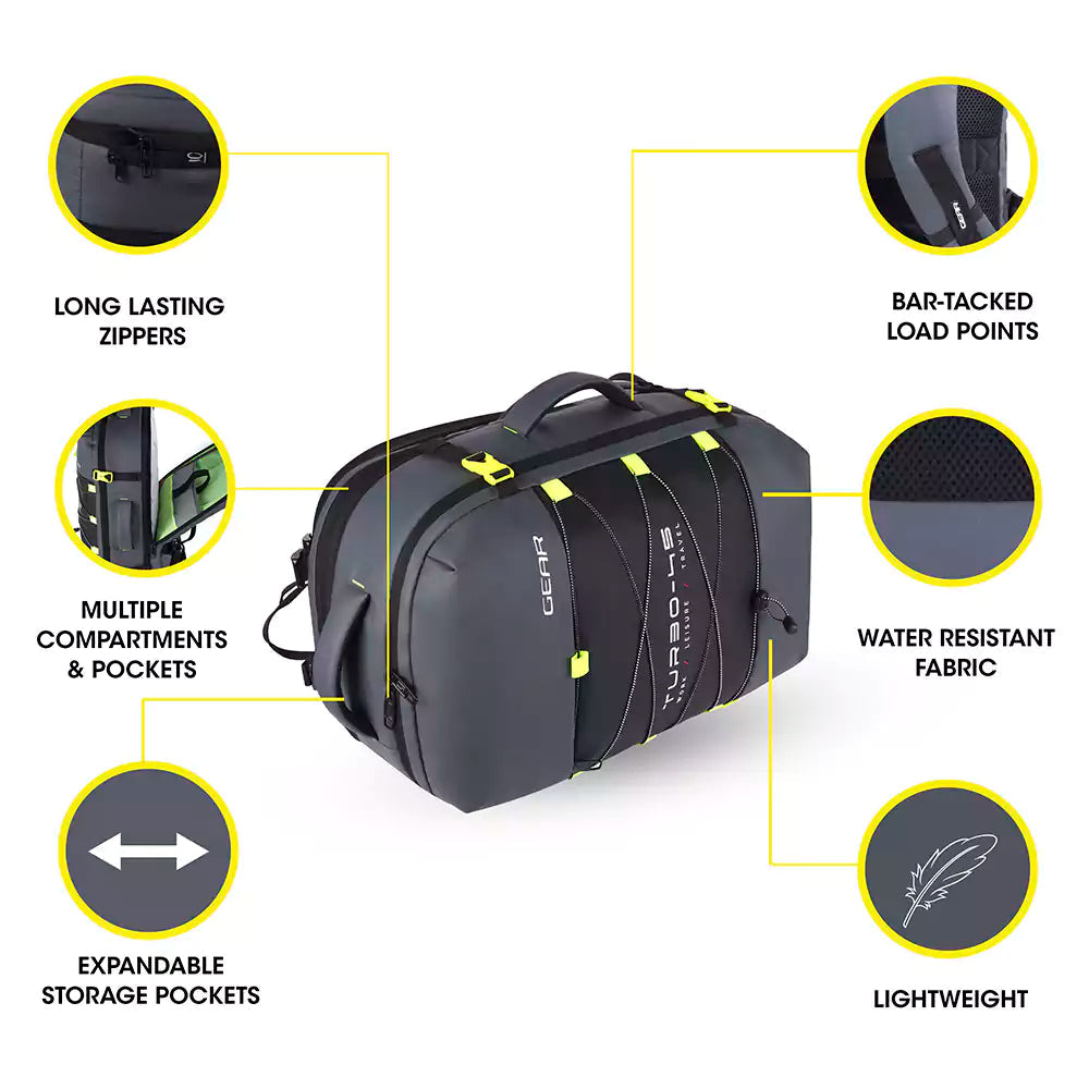 Gear Turbo 21"/45L Large Water Resistant Anti theft Laptop Backpack with Raincover | Backpack | Daypack |Briefcase | Travel Bag For Men/Women (Black - Grey)