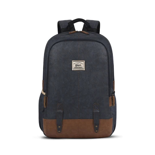 Classic 18" faux leather anti theft laptop backpack (NAVY BLUE TAN)