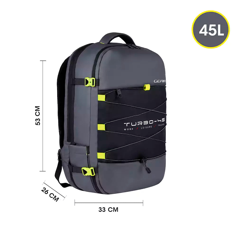 Gear Turbo 21"/45L Large Water Resistant Anti theft Laptop Backpack with Raincover | Backpack | Daypack |Briefcase | Travel Bag For Men/Women (Black - Grey)
