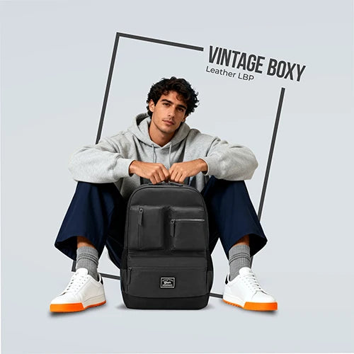 VIPUL VIBE Vintage Boxy 18"/26L Medium Faux Leather Water Resistant Laptop Backpack/Casual Bag/Daypack/College Backpack/Travel Backpack For Men/Women (Black - Black)