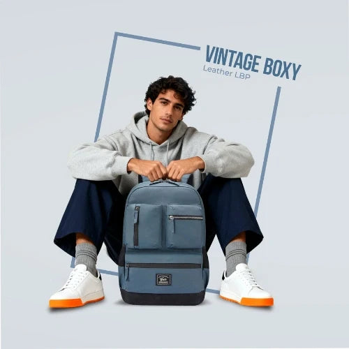 VIPUL VIBE Vintage Boxy 18"/26L Medium Faux Leather Water Resistant Laptop Backpack/Casual Bag/Daypack/College Backpack/Travel Backpack For Men/Women (Blue - Black)