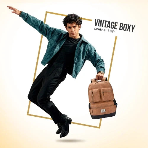 VIPUL VIBE Vintage Boxy 18"/26L Medium Faux Leather Water Resistant Laptop Backpack/Casual Bag/Daypack/College Backpack/Travel Backpack For Men/Women (Tan - Black)