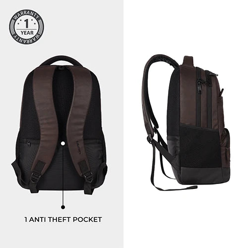 VIPUL VIBE Vintage 2 18"/28L Large Anti Theft Faux Leather Water Resitant Laptop Backpack/Office Bag/ Casual Bag/Travel Backpack for Men/Women (Brown - Black)