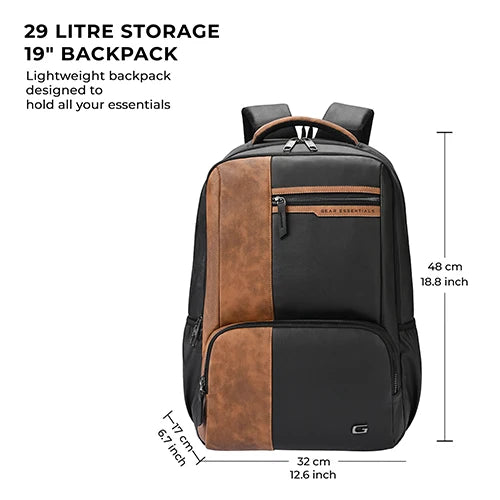 Gear Vintage 4 19"/28L anti theft faux leather Medium Water Resistant Laptop Backpack/Casual Backpack/Daypack/Travel Backpack/College Bag For Men/Women(Black-Tan)