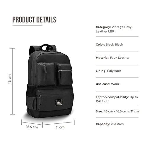 VIPUL VIBE Vintage Boxy 18"/26L Medium Faux Leather Water Resistant Laptop Backpack/Casual Bag/Daypack/College Backpack/Travel Backpack For Men/Women (Black - Black)