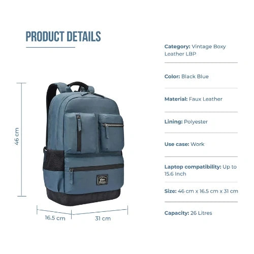 VIPUL VIBE Vintage Boxy 18"/26L Medium Faux Leather Water Resistant Laptop Backpack/Casual Bag/Daypack/College Backpack/Travel Backpack For Men/Women (Blue - Black)