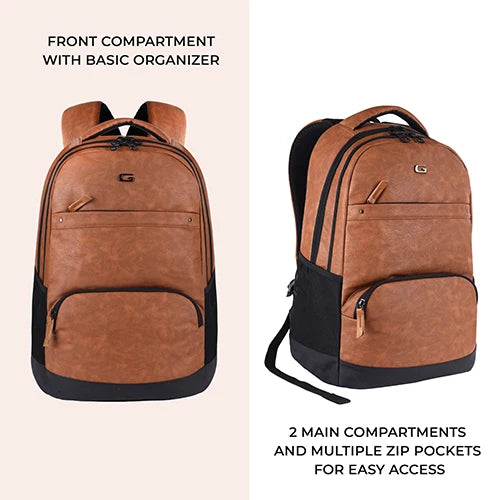 VIPUL VIBE Vintage 2 18"/28L Large Anti Theft Faux Leather Water Resitant Laptop Backpack/Office Bag/ Casual Bag/Travel Backpack for Men/Women (Tan - Black)