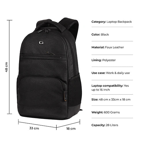 Gear Vintage 2 18"/28L Large Anti Theft Faux Leather Water Resitant Laptop Backpack/Office Bag/ Casual Bag/Travel Backpack for Men/Women (Black - Black)