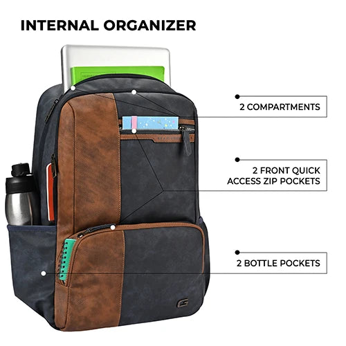 VIPUL VIBE Vintage 4 19"/29L anti theft faux leather Medium Water Resistant Laptop Backpack/Casual Backpack/Daypack/Travel Backpack/College Bag For Men/Women(Blue-Tan)