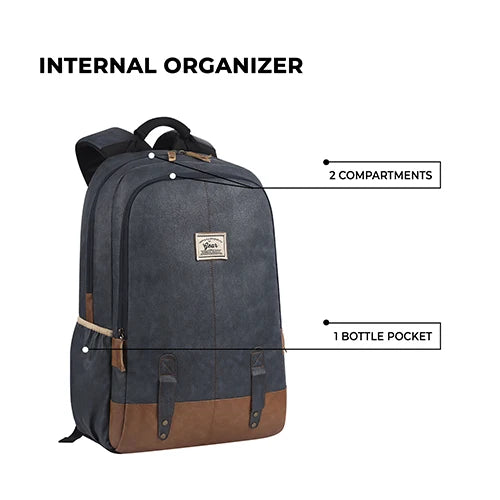 Classic 18" faux leather anti theft laptop backpack (NAVY BLUE TAN)
