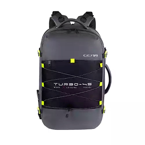 Gear Turbo 21"/45L Large Water Resistant Anti theft Laptop Backpack with Raincover | Backpack | Daypack |Briefcase | Travel Bag For Men/Women (Black - Grey)
