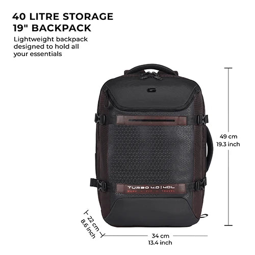 Gear Turbo 4 19"/40L Anti Theft Large Water Resistant Laptop Backpack with Raincover/Casual Backpack/Daypack/Travel Backpack/College Bag For Men/Women(Brown-Black)