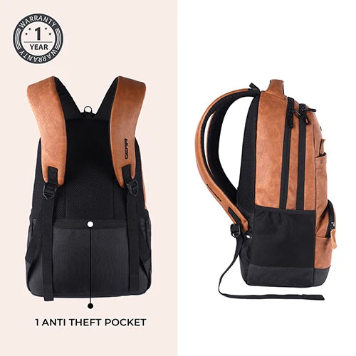 VIPUL VIBE Vintage 2 18"/28L Large Anti Theft Faux Leather Water Resitant Laptop Backpack/Office Bag/ Casual Bag/Travel Backpack for Men/Women (Tan - Black)