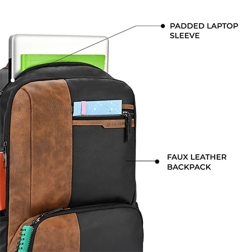 Gear Vintage 4 19"/28L anti theft faux leather Medium Water Resistant Laptop Backpack/Casual Backpack/Daypack/Travel Backpack/College Bag For Men/Women(Black-Tan)