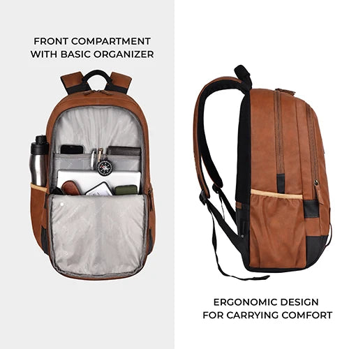 Classic 18" faux leather anti theft laptop backpack (TAN - BLACK)