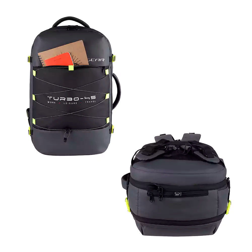 Gear Turbo 21"/45L Large Water Resistant Anti theft Laptop Backpack with Raincover | Backpack | Daypack |Briefcase | Travel Bag For Men/Women (Black - Grey)