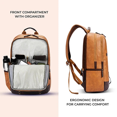 VIPUL VIBE Classic 4 19"/31L Anti Theft Faux Leather Medium Water Resistant Laptop Backpack/Casual Backpack/Daypack/Travel Backpack/College Bag For Men/Women(Tan-Brown)