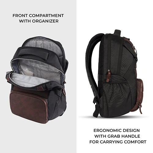 VIPUL VIBE Aspire 3 19"/35L Faux Leather Large Water Resistant Laptop Backpack | Casual Backpack | Daypack | Travel Backpack | College Bag For Men/Women(Brown-Black)