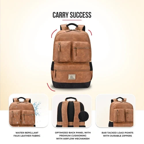 VIPUL VIBE Vintage Boxy 18"/26L Medium Faux Leather Water Resistant Laptop Backpack/Casual Bag/Daypack/College Backpack/Travel Backpack For Men/Women (Tan - Black)