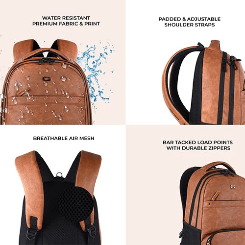 VIPUL VIBE Vintage 2 18"/28L Large Anti Theft Faux Leather Water Resitant Laptop Backpack/Office Bag/ Casual Bag/Travel Backpack for Men/Women (Tan - Black)