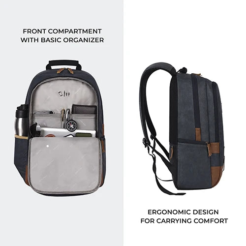 Classic 18" faux leather anti theft laptop backpack (NAVY BLUE TAN)