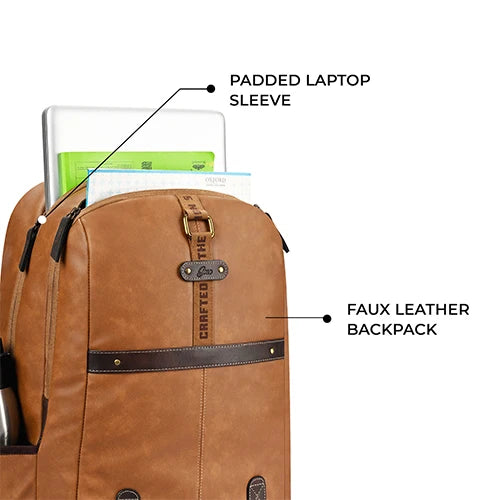 VIPUL VIBE Classic 4 19"/31L Anti Theft Faux Leather Medium Water Resistant Laptop Backpack/Casual Backpack/Daypack/Travel Backpack/College Bag For Men/Women(Tan-Brown)