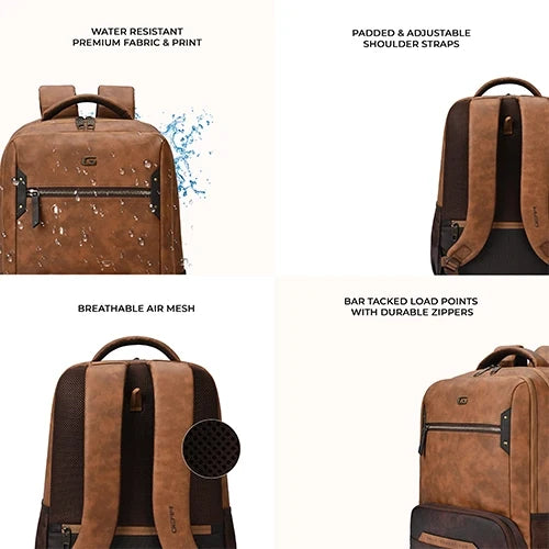 VIPUL VIBE Quantum 3 18"/29L Antitheft Large Faux Leather Water Resistant Laptop backpack with Raincover/Laptop backpack/Casual Backpack/Daypack/Travel Backpack/College Bag For Men/Women(Tan-Brown)