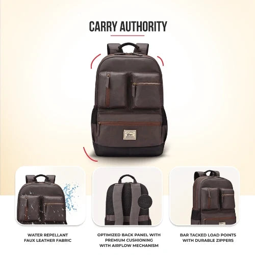 VIPUL VIBE Vintage Boxy 18"/26L Medium Faux Leather Water Resistant Laptop Backpack/Casual Bag/Daypack/College Backpack/Travel Backpack For Men/Women (Brown - Black)