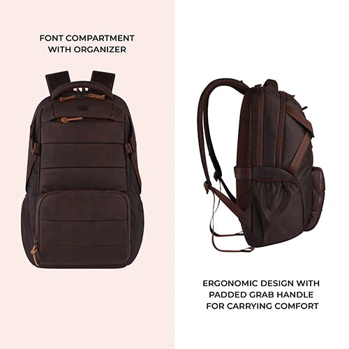 VIPUL VIBE Aspire 3 19"/35L Faux Leather Large Water Resistant Laptop Backpack | Casual Backpack | Daypack | Travel Backpack | College Bag For Men/Women(Brown-Brown)