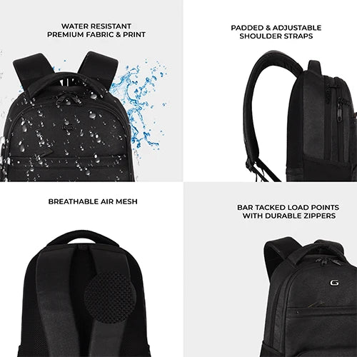 Gear Vintage 2 18"/28L Large Anti Theft Faux Leather Water Resitant Laptop Backpack/Office Bag/ Casual Bag/Travel Backpack for Men/Women (Black - Black)