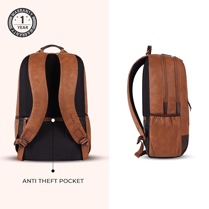VIPUL VIBE Classic 2 19"/31L Anti Theft Faux leather Large Water Resistant Laptop Backpack/Casual Backpack/Daypack/Travel Backpack/College Bag For Men/Women (Tan - Brown)