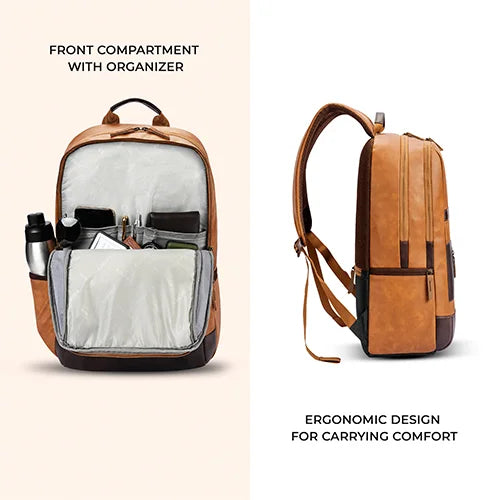 VIPUL VIBE Classic 6 18"/31L Antitheft Large Faux Leather Water Resistant Laptop backpack/Laptop backpack/Casual Backpack/Daypack/Travel Backpack/College Bag For Men/Women(Tan-Brown)