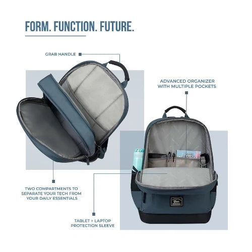 VIPUL VIBE Vintage Boxy 18"/26L Medium Faux Leather Water Resistant Laptop Backpack/Casual Bag/Daypack/College Backpack/Travel Backpack For Men/Women (Blue - Black)