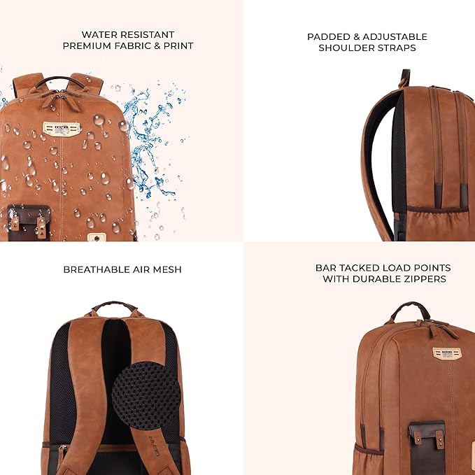 VIPUL VIBE Classic 2 19"/31L Anti Theft Faux leather Large Water Resistant Laptop Backpack/Casual Backpack/Daypack/Travel Backpack/College Bag For Men/Women (Tan - Brown)