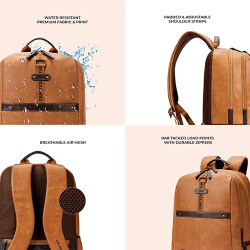 VIPUL VIBE Classic 4 19"/31L Anti Theft Faux Leather Medium Water Resistant Laptop Backpack/Casual Backpack/Daypack/Travel Backpack/College Bag For Men/Women(Tan-Brown)