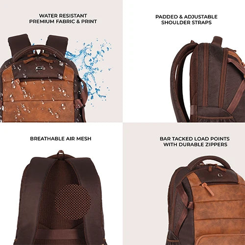 VIPUL VIBE Aspire 3 19"/35L Faux Leather Large Water Resistant Laptop Backpack/Daypack/Travel Backpack/College Bag For Men/Women(Brown-Tan)