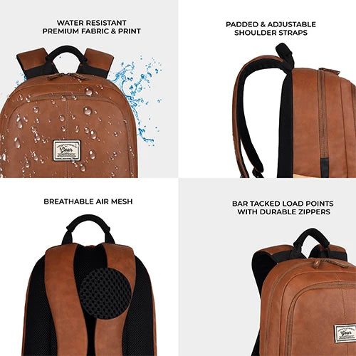 Classic 18" faux leather anti theft laptop backpack (TAN - BLACK)