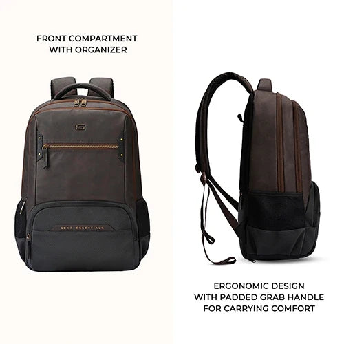Gear Quantum 3 18"/29L Antitheft Large Faux Leather Water Resistant Laptop backpack with Raincover/Laptop backpack/Casual Backpack/Daypack/Travel Backpack/College Bag For Men/Women(Brown-Black)