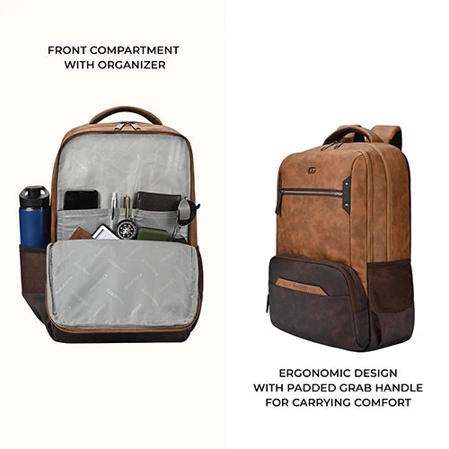 Gear Quantum 3 18"/29L Antitheft Large Faux Leather Water Resistant Laptop backpack with Raincover/Laptop backpack/Casual Backpack/Daypack/Travel Backpack/College Bag For Men/Women(Tan-Brown)