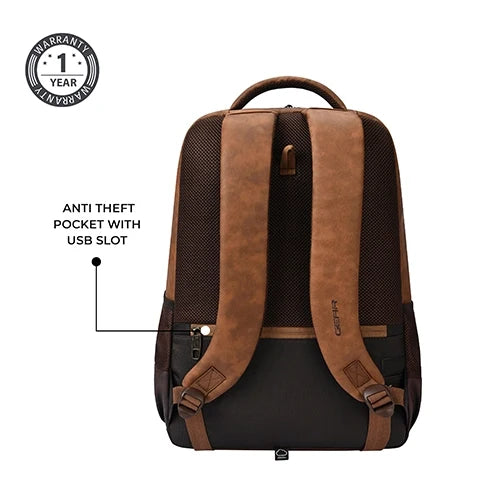 Gear Quantum 3 18"/29L Antitheft Large Faux Leather Water Resistant Laptop backpack with Raincover/Laptop backpack/Casual Backpack/Daypack/Travel Backpack/College Bag For Men/Women(Tan-Brown)