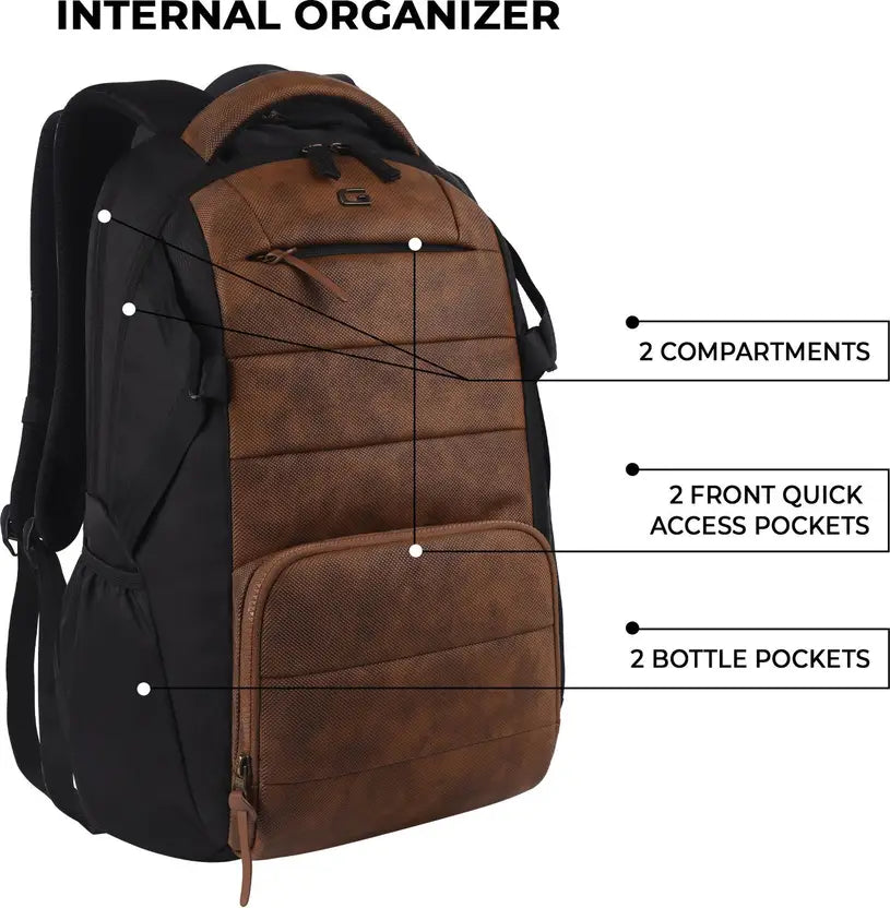 VIPUL VIBE Aspire 3 19"/31L Faux Leather Large Water Resistant Laptop Backpack | Casual Backpack | Daypack | Travel Backpack | College Bag For Men/Women(Tan - Black)