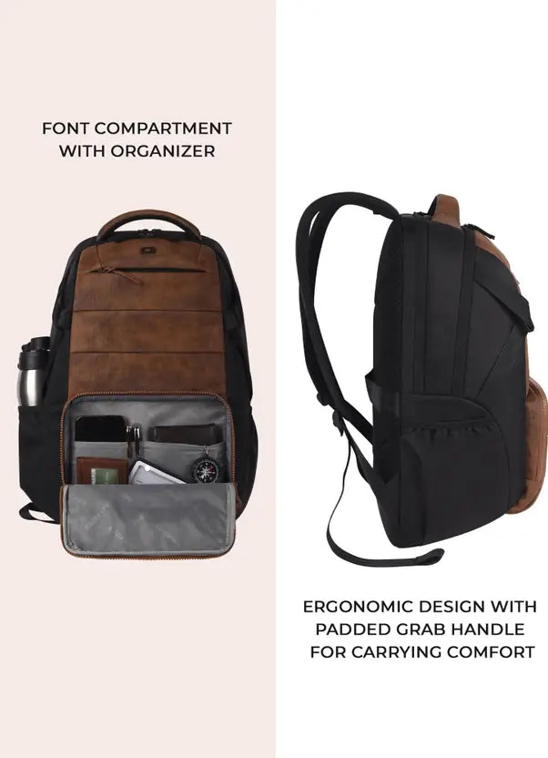 Gear Aspire 3 19"/31L Faux Leather Large Water Resistant Laptop Backpack | Casual Backpack | Daypack | Travel Backpack | College Bag For Men/Women(Tan - Black)