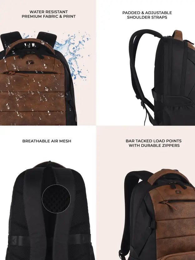 Gear Aspire 3 19"/31L Faux Leather Large Water Resistant Laptop Backpack | Casual Backpack | Daypack | Travel Backpack | College Bag For Men/Women(Tan - Black)