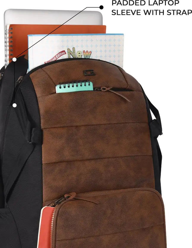 Gear Aspire 3 19"/31L Faux Leather Large Water Resistant Laptop Backpack | Casual Backpack | Daypack | Travel Backpack | College Bag For Men/Women(Tan - Black)